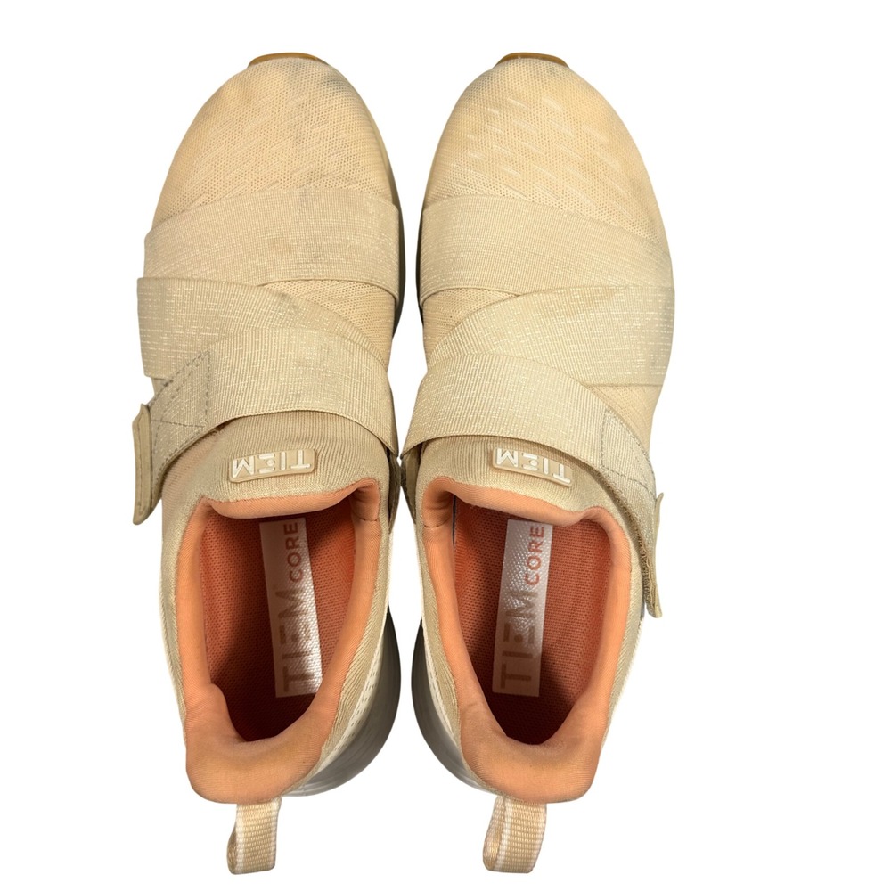 TIEM Womens Slip On Training Shoes Size 7.5 Beige Cross Strap Studio Sneakers
